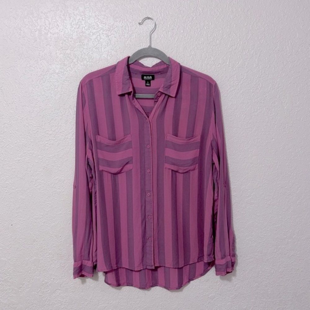 Ana pink and purple striped button up blouse - Picture 1 of 16